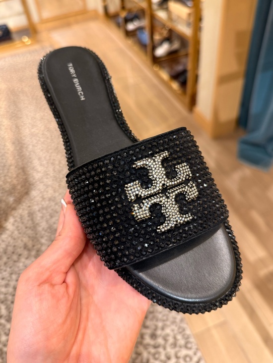 Tory Burch Shoes - Tory Burch Everly Crystal Logo Rhinestone Slide Sandals, Black / Clear / Silver